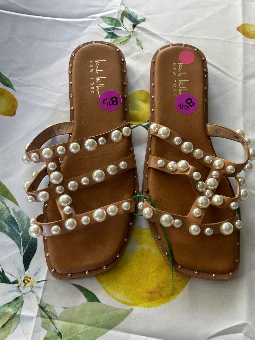 Nicole Miller NY size 8.5 Tan Pearl-Embellished Slide Sandals